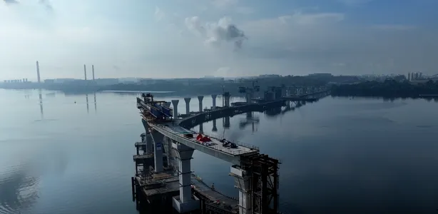 RTS Link marine spans under construction across the Straits of Johor on a misty morning