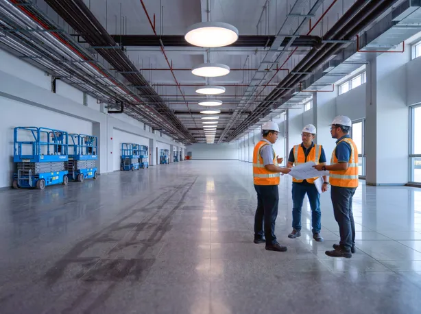 Site teams gathered inside the RTS Link depot as fit-out works continue overhead