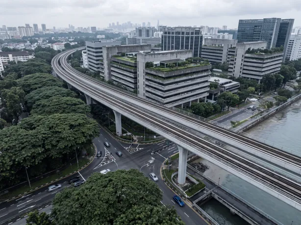 Aerial view of the RTS Link alignment running past landscaped city blocks