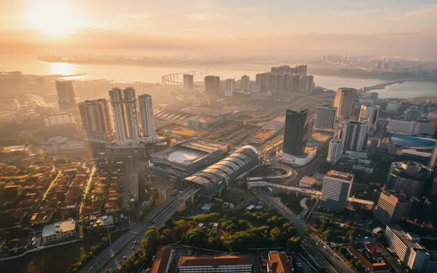 Johor Bahru from the air at first light, the Straits and the Causeway beyond the city