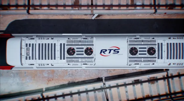 An RTS Link trainset seen from directly above on the viaduct, the RTS mark on its roof between the equipment vents