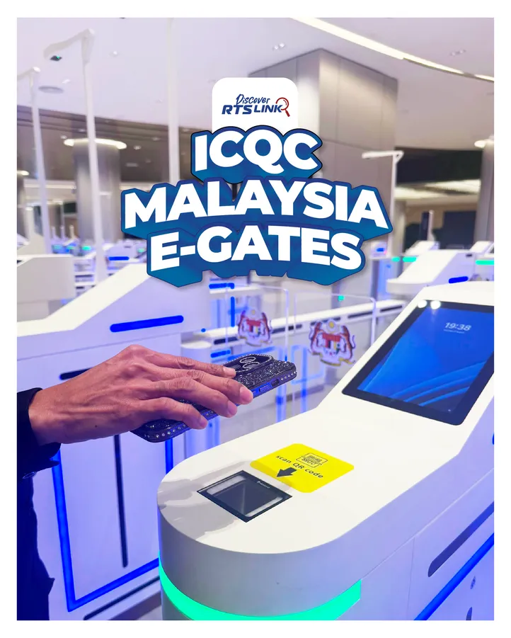 Campaign poster reading "Discover RTS — ICQC Malaysia e-Gates", over a photograph of a traveller scanning a phone at an e-gate lane
