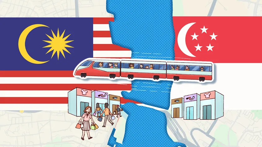 Shoppers on a busy street, illustrating cross-border retail between Johor Bahru and Singapore